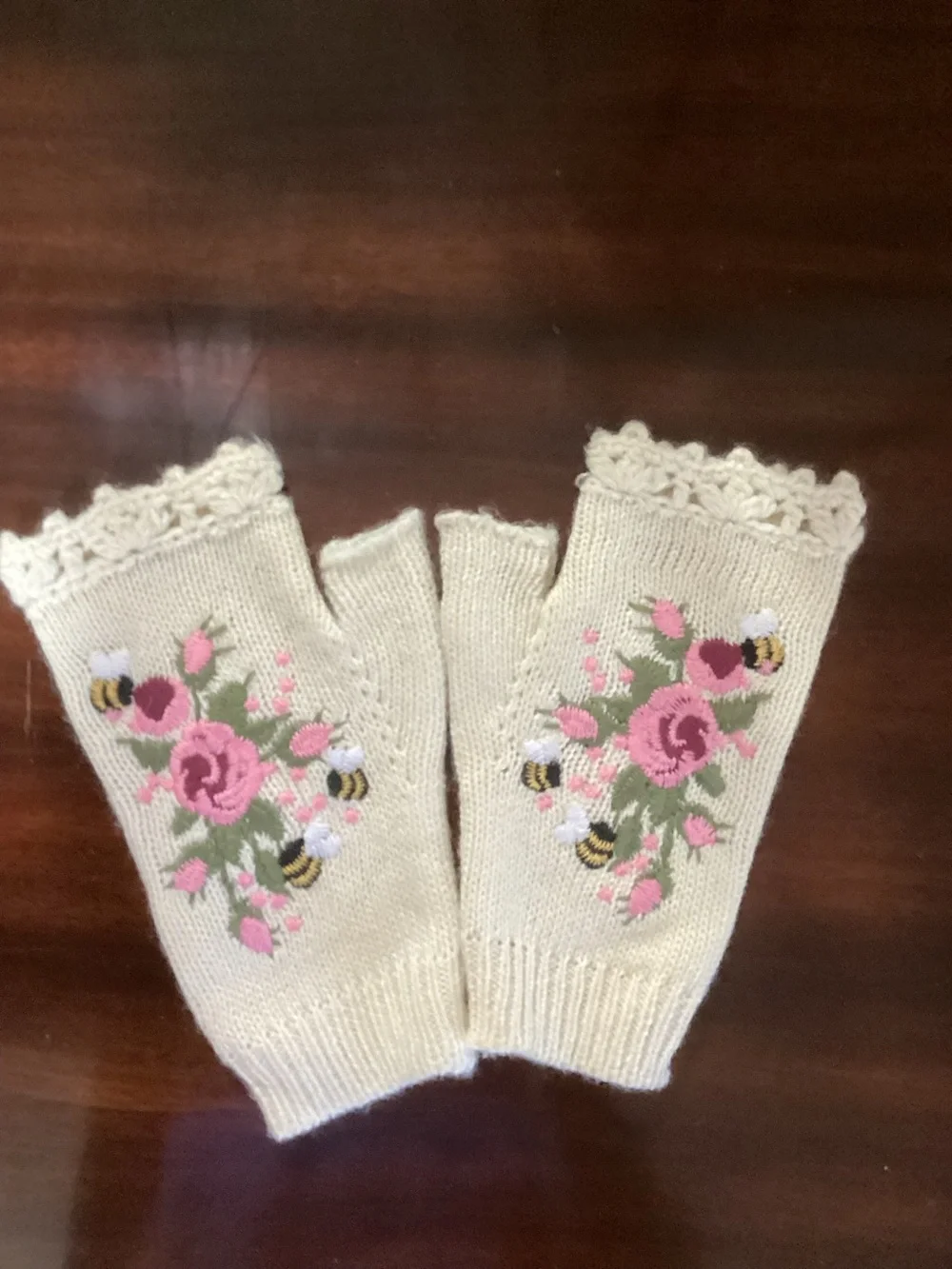 Pink Floral Embroidered Fingerless Gloves